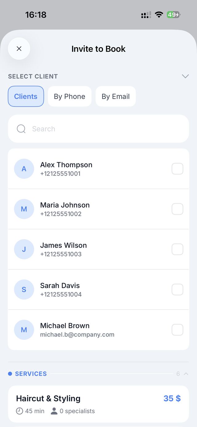 Приглашение клиента записаться: email и телефон, список услуг