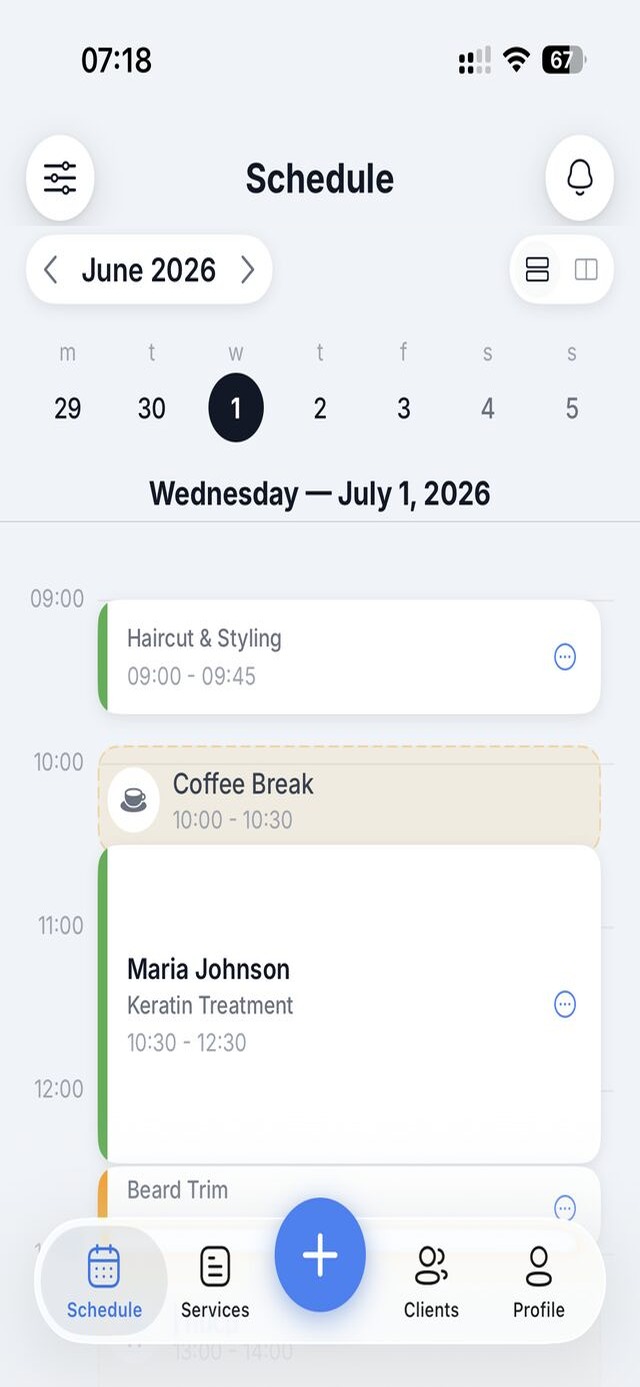 VisiTime Business schedule: today's bookings with client names and services
