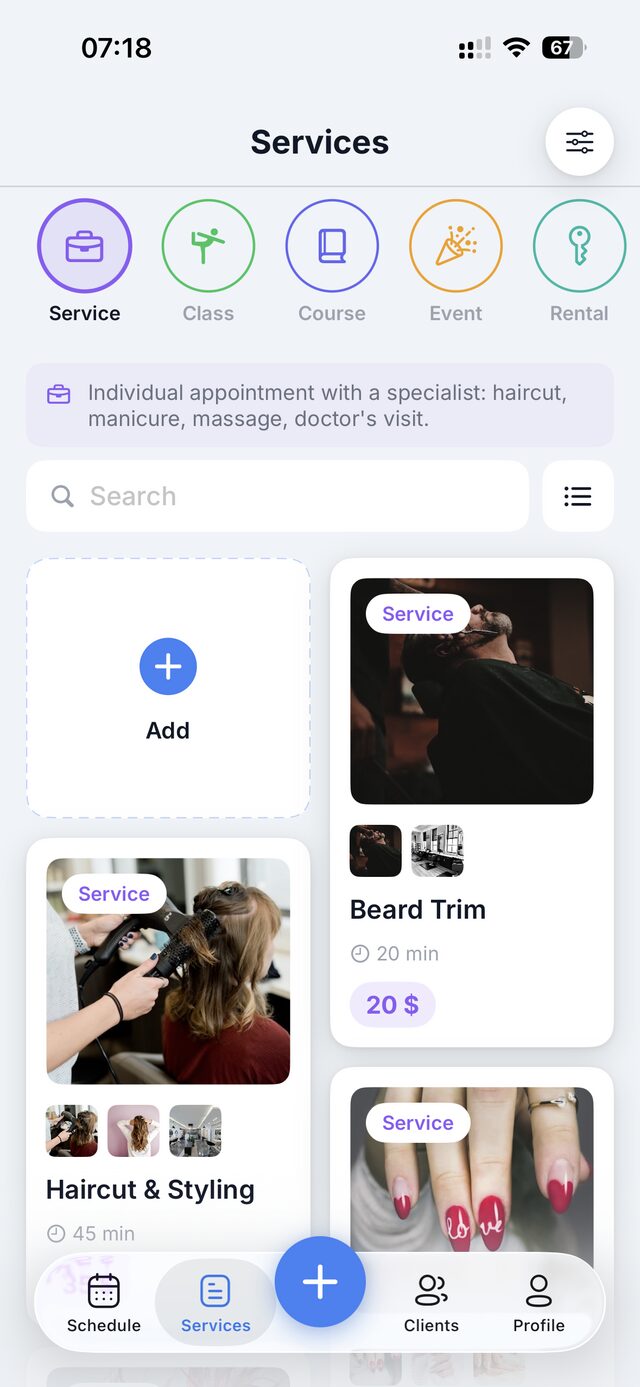 Business app service types: individual service, class, course, event and rental