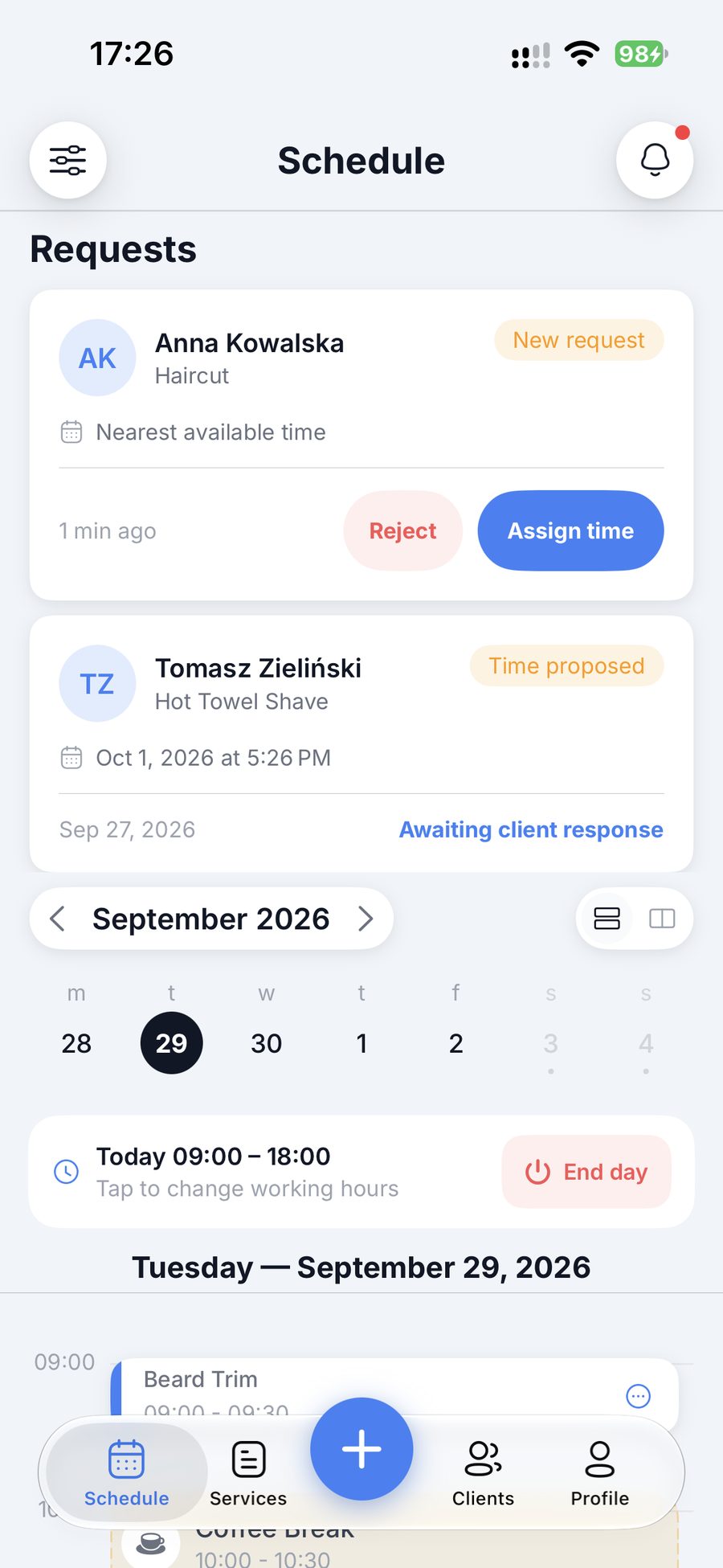 Business schedule with new booking requests and proposed times