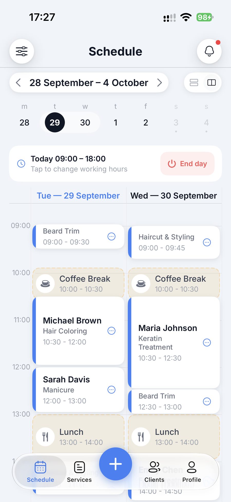 VisiTime Business schedule: today's bookings with client names and services