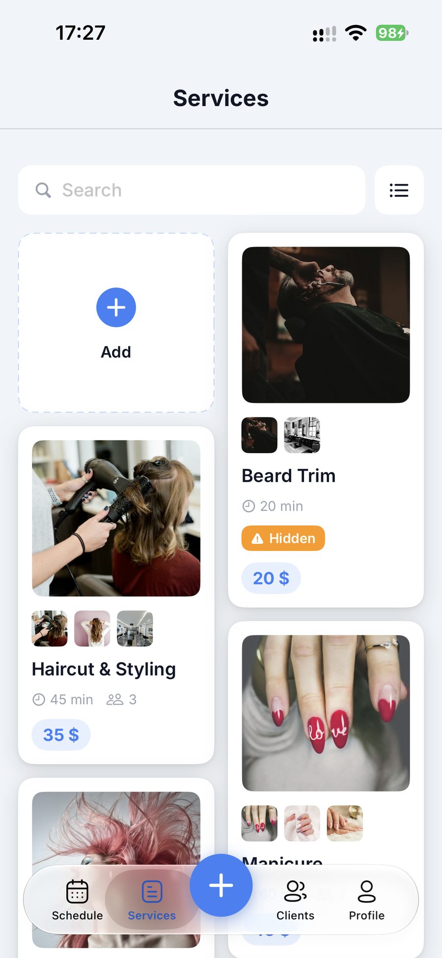 Business app service catalog with photos, duration, specialists and prices