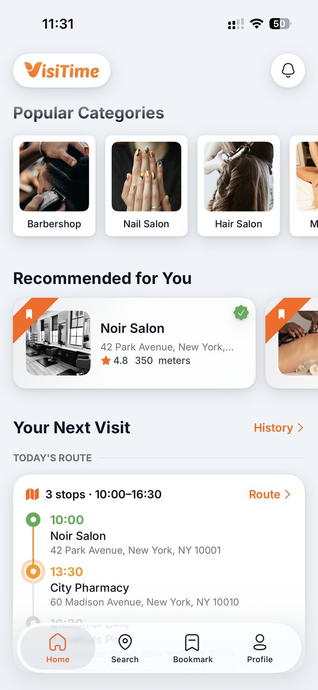 VisiTime home screen: popular categories, recommendations and today's route