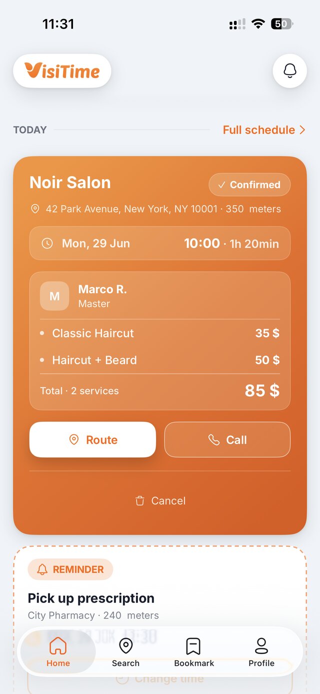 A confirmed VisiTime booking with services and total, plus a reminder — paid at the venue, never in-app