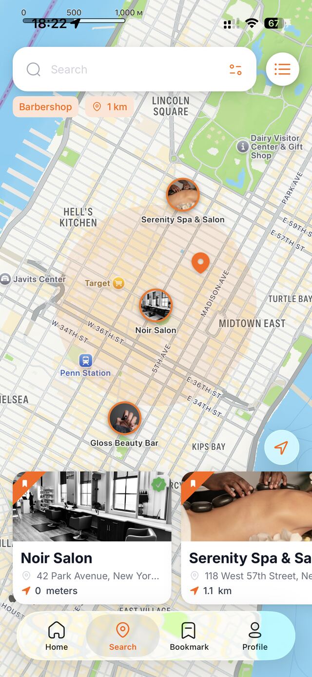 Map with nearby place pins